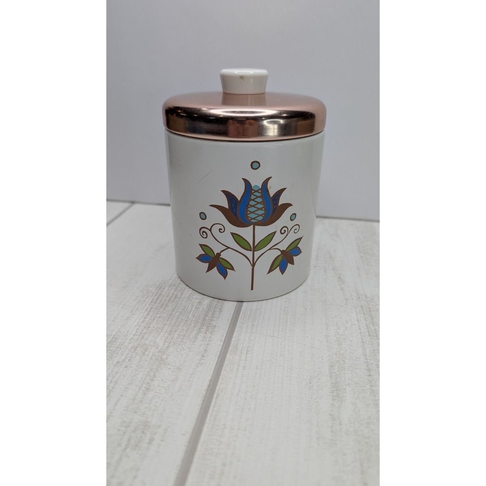 Vintage Ransburg Metal Canister Copper Lid Floral MCM Kitchen USA 5.5"